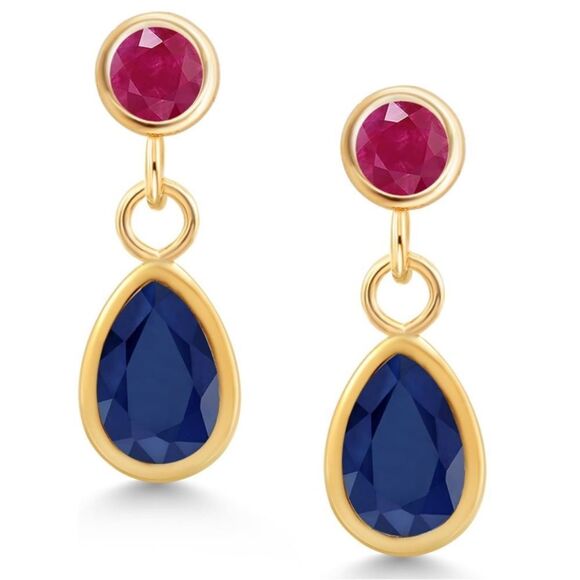 14K Yellow Gold with 1.31 Cttw Navy Blue Sapphire and Ruby Post Back Earrings